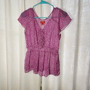 Dress shirt, Peplum style, Elle brand, Med. Pink and white floral, sheer